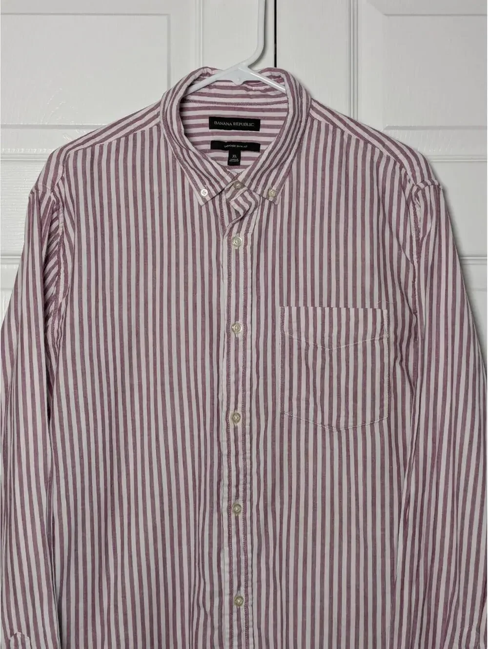 Banana Republic Men's Untucked Slim Fit Button Down Shirt Pink White Stripe XL